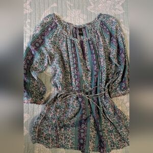 Lucky Brand Teal and Purple Floral Blouse With Belt. Size S.
